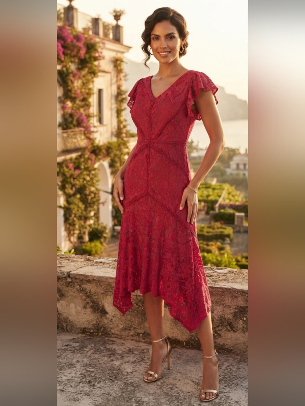 Taylor Red Lace V-Neck Midi Dress with Flutter Sleeves